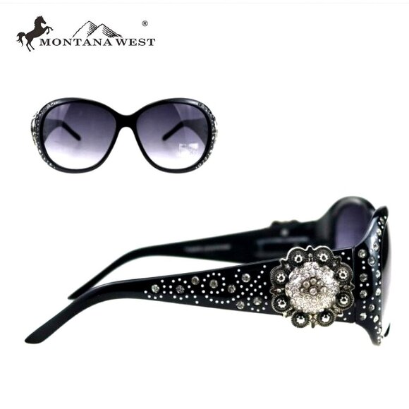 Montana West Sunglasses in Black w/Silver Swirl Flower Concho Accents